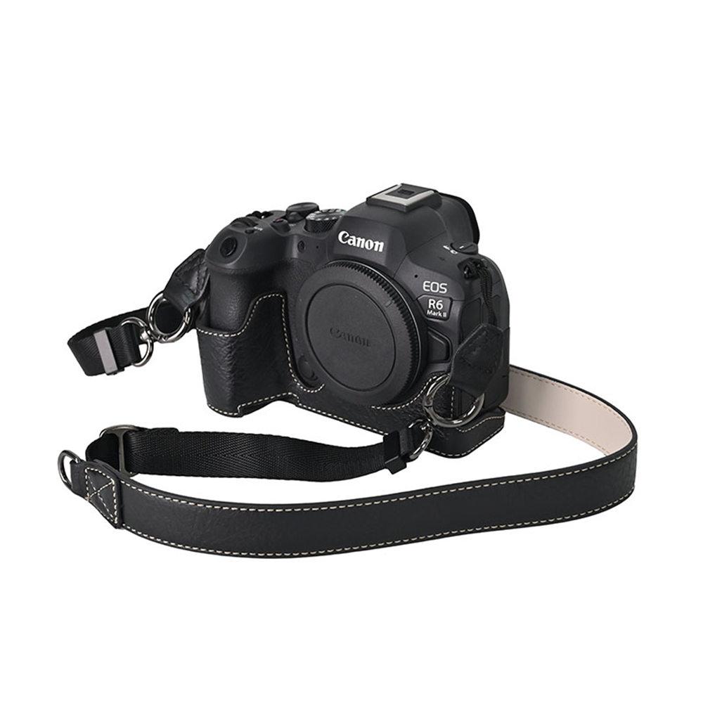 

Litchi PU Leather Camera Half Case for Canon EOS R5 R6II R62 Bottom Opening Magnetic Cover With Strap чёрный