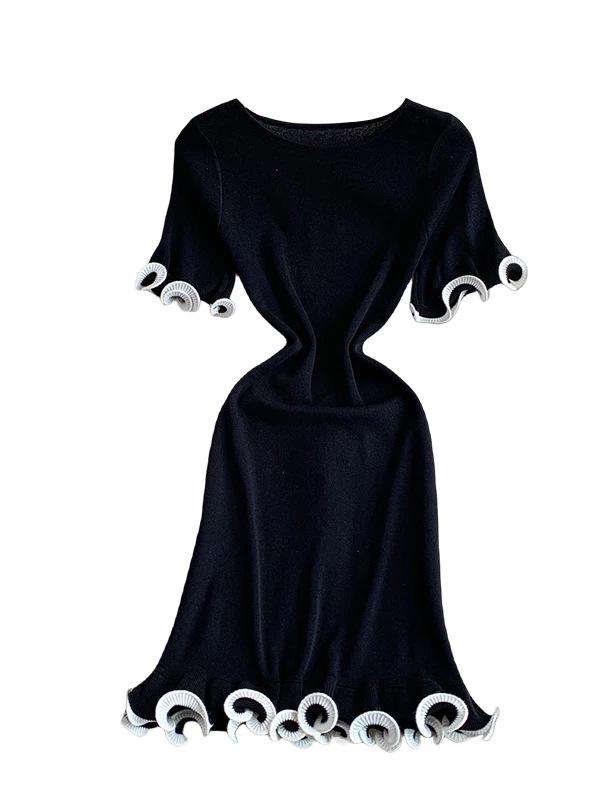 2026 Summer European French Slim Knit Dress – Short Sleeve Round Neck, Hip Wrap Skirt for Women