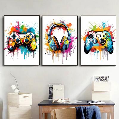 Bunte Gamecontroller Kopfhörer Leinwandmalerei Graffiti Gaming Poster Druck Bild für Gamer Schlafzimmer Wandkunst Heimdekor