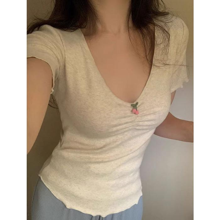 Fashion V-neck short T-shirt summer new thin fashion short sleeves S грязно-белый