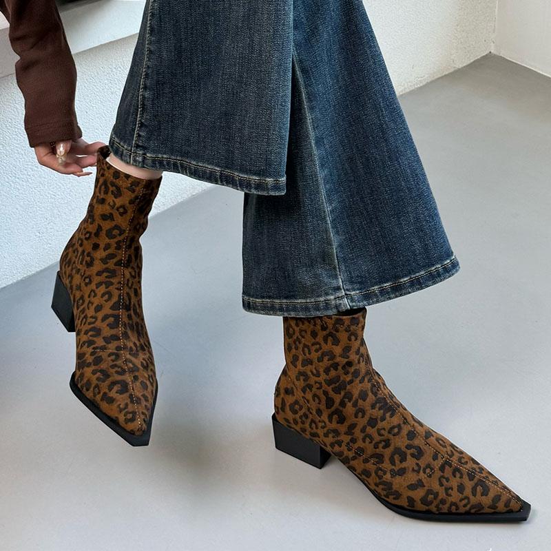 Mode Mode Flock Schuhe Damen Stiefeletten mit Reißverschlüssen Schuhe Spitzschuh Damen Kurze Stretch Stiefeletten Damen Absatzschuhe