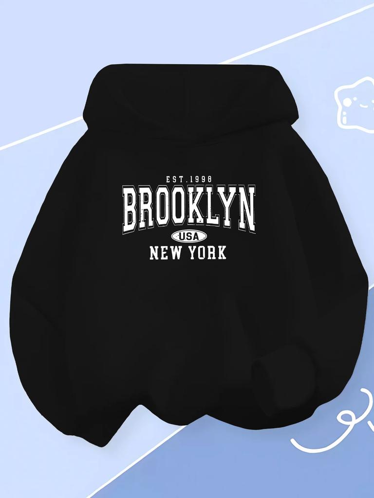Felpa Bambino Vintage Brooklyn New York Autunno Inverno Spessa Fodera in Pile Stampa Grafica con Lettere Calda Casual Pullover