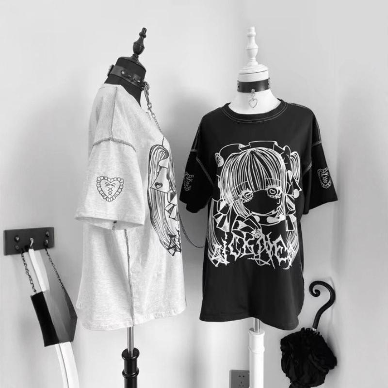 Y2K Harajuku Gothic Anime Girl Printed Short Sleeved Couple T-shirt Summer