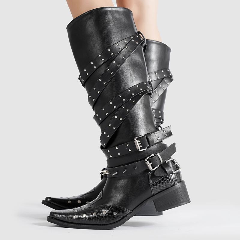 Vintage Pointed Boots Women's Black Rivet Punk Style Thick Heel Babes Knight Boots Strap Western Boots