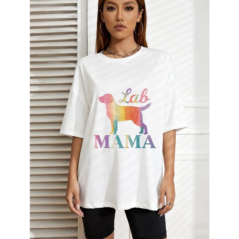 White Oversized T Shirt With Rainbow Lab Dog And Lab Mama Print For Casual Wear