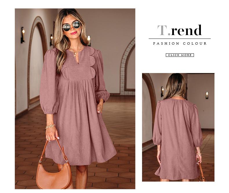 European & American Women's Pointed Collar Midi Dress: Solid Color, High Waist, 3/4 Sleeve Pullover.