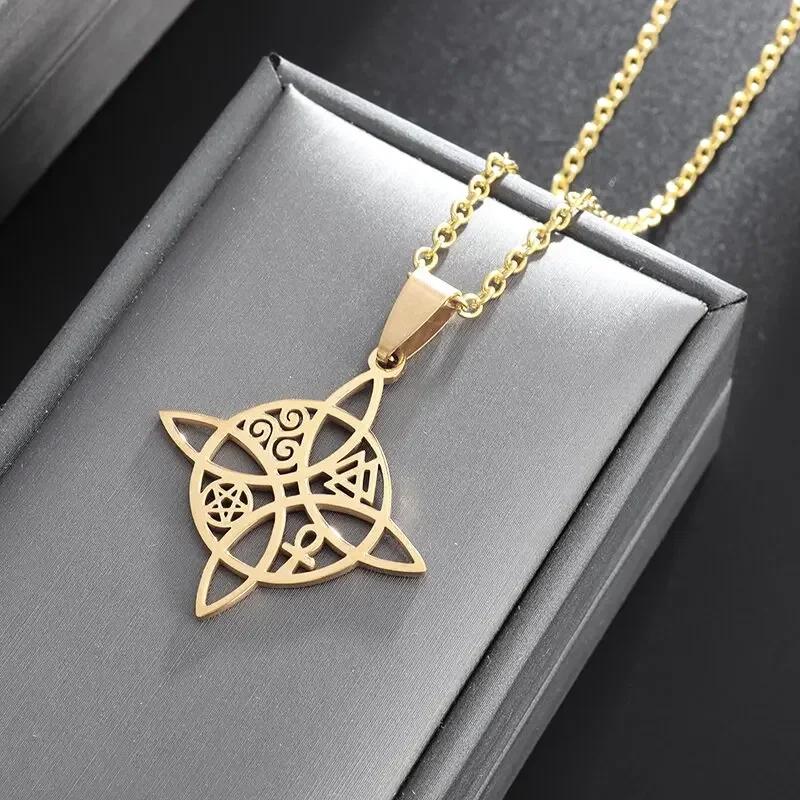 Fashion Charm Witch Knot Necklace Stainless Steel Irish Celtic Knot Pendant Witchcraft Amulet Magical Jewelry Gift for Girls