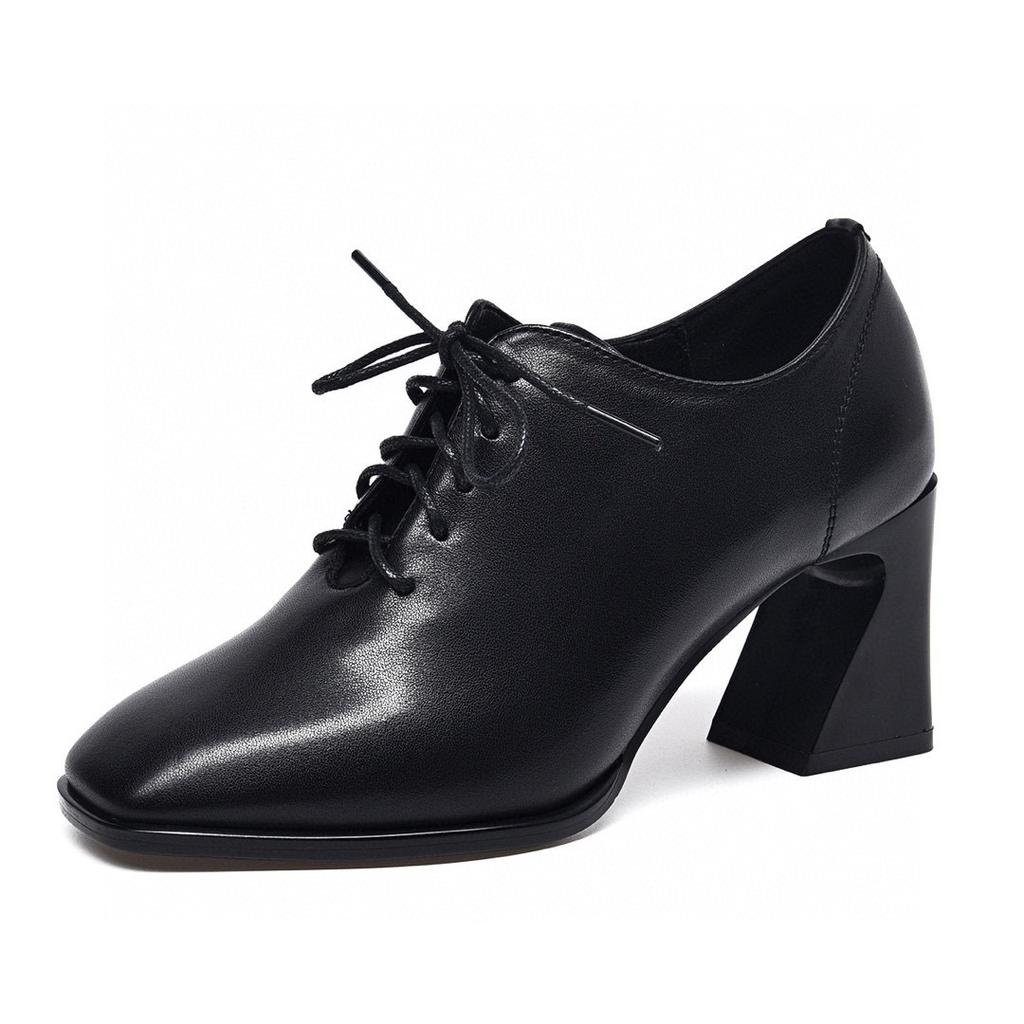 Women's shoes spring new high-heeled temperament single shoes black first-layer cowhide thick-heeled lace-up deep-mouth square-head single shoes