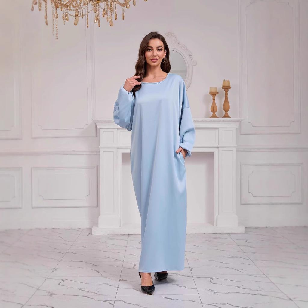 Women's Solid Color Long Sleeve Round Neck Hijab Muslim Robe