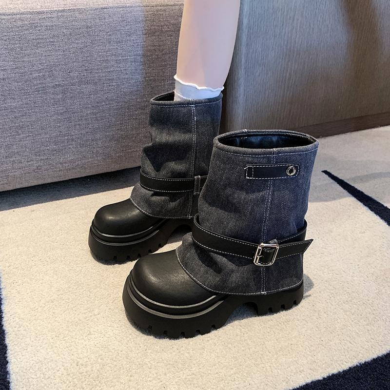 Fashion New Autumn Winter Women Mid-calf Boots 7CM Heels High Platform Leather Sneakers Booties Black Brown Punk Shoes Motorcycle Boots