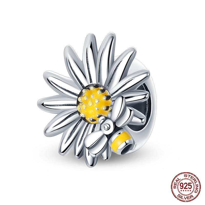 925 Sterling Copper Golden Sunflowers Heart Beads Pendant Charms Beads Fit 4MM Hole Diameter Bracelets Luxury Party DIY Zircon