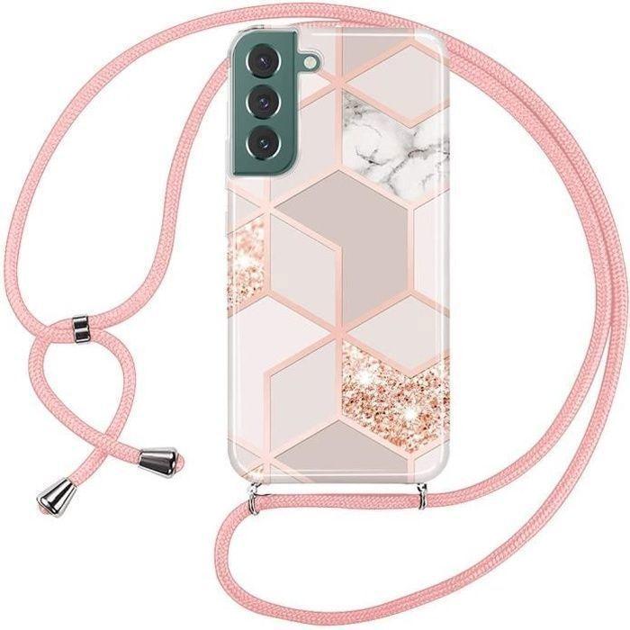 Coque de Protection - Booling - pour Samsung Galaxy S22 - Cordon Rose - Motif Marbre - Semi-rigide