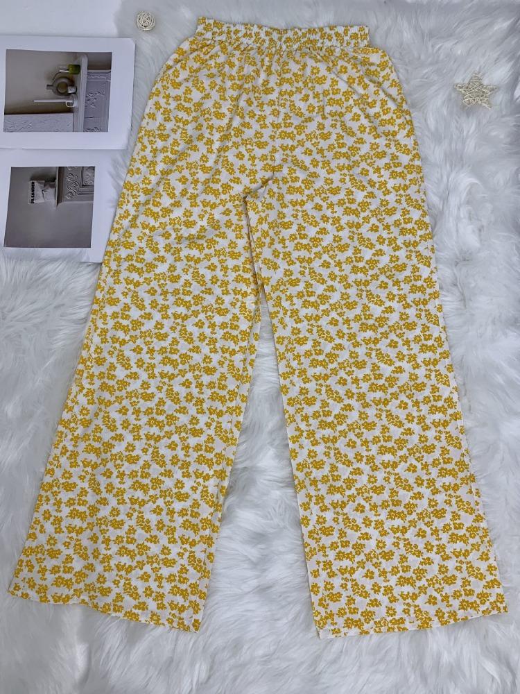 

Весенне-летние повседневные брюки с высокой посадкой и цветочным принтом, широкие штанины, прямого кроя, свободные, широкие штанины, длинные брюки XXL жёлтый