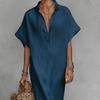 Summer Cotton Linen Dress for Women Short Sleeve Button Up Long Dress Casual Loose Beach Tunic Sundress