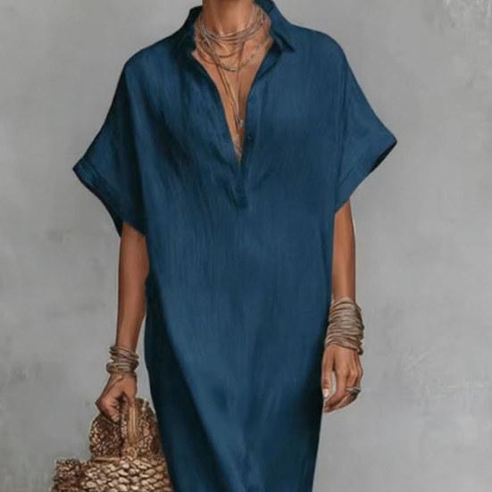 Summer Cotton Linen Dress for Women Short Sleeve Button Up Long Dress Casual Loose Beach Tunic Sundress