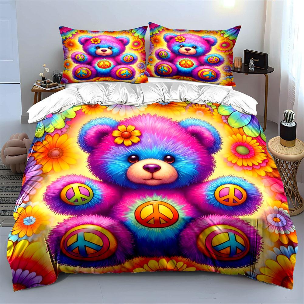 Colorful Teddy Bear with Peace Symbols Print Bedding Set 1 Duvet Cover 2 Pillowcases for Adult and Children Luxury Gift
