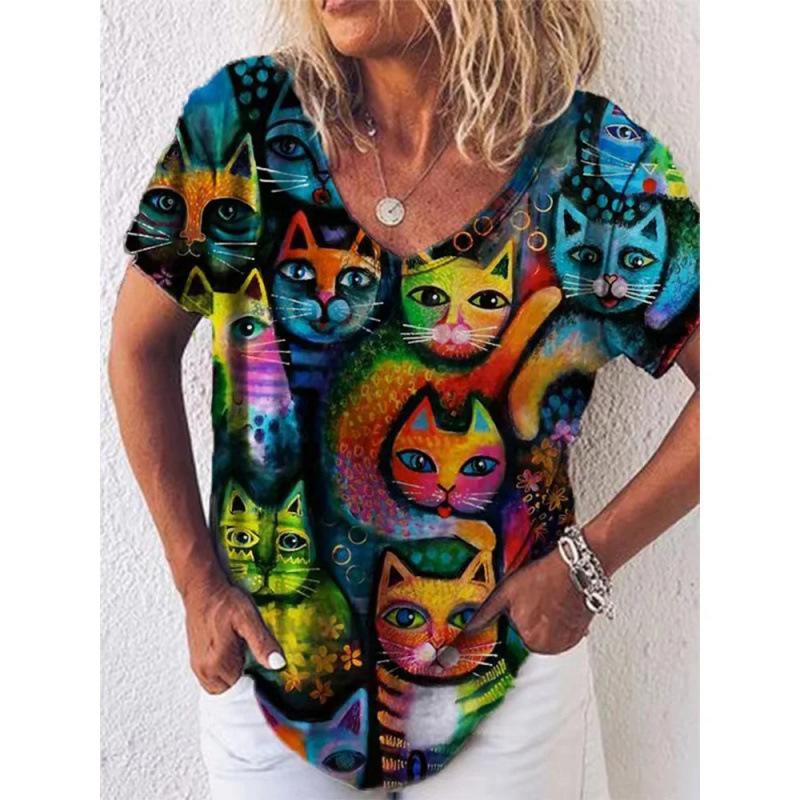 Summer V-neck 3D Cute Cat Printed Top Fashionable Casual Short Sleeved Women's T-shirts