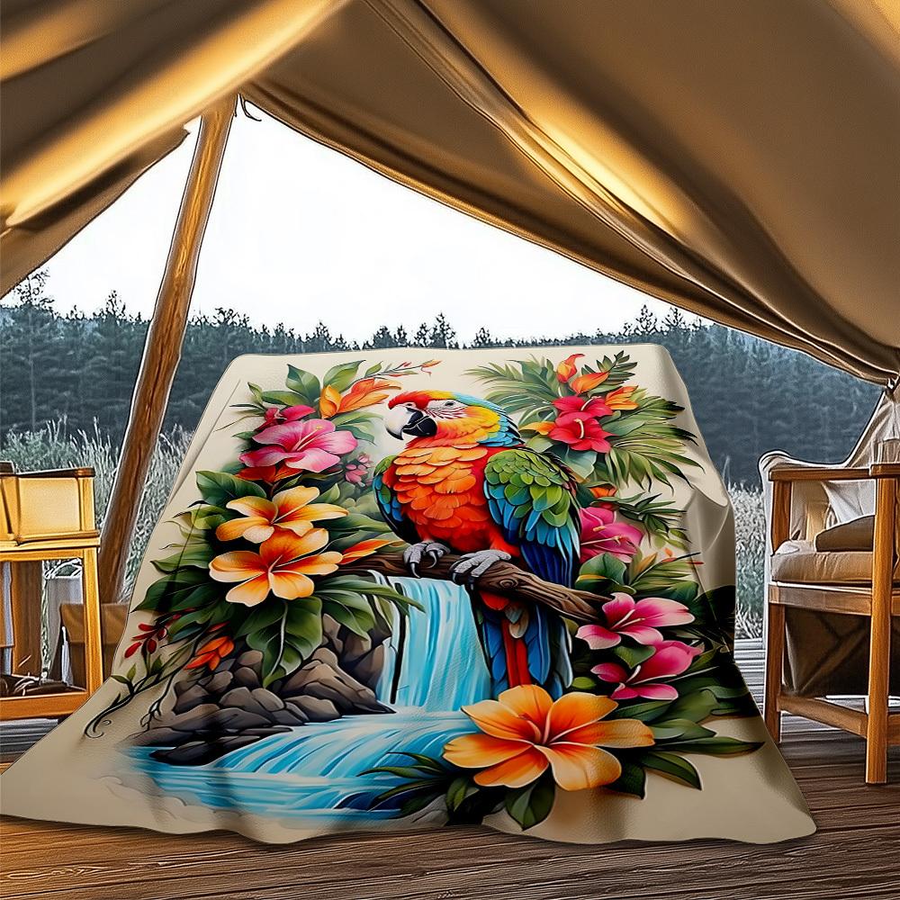 1pc Parrot Tropical Flowers Print Throw Blanket Polyester Fiber, Lightweight Flannel, Soft & Warm, All Season Use for Outdoor, Camping Digital Print