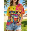 New Summer Women's Top, Rainbow Island Style Printed Short-Sleeve T-Shirt, Tropical Party Giraffe Themed T-Shirt, Color Block Design