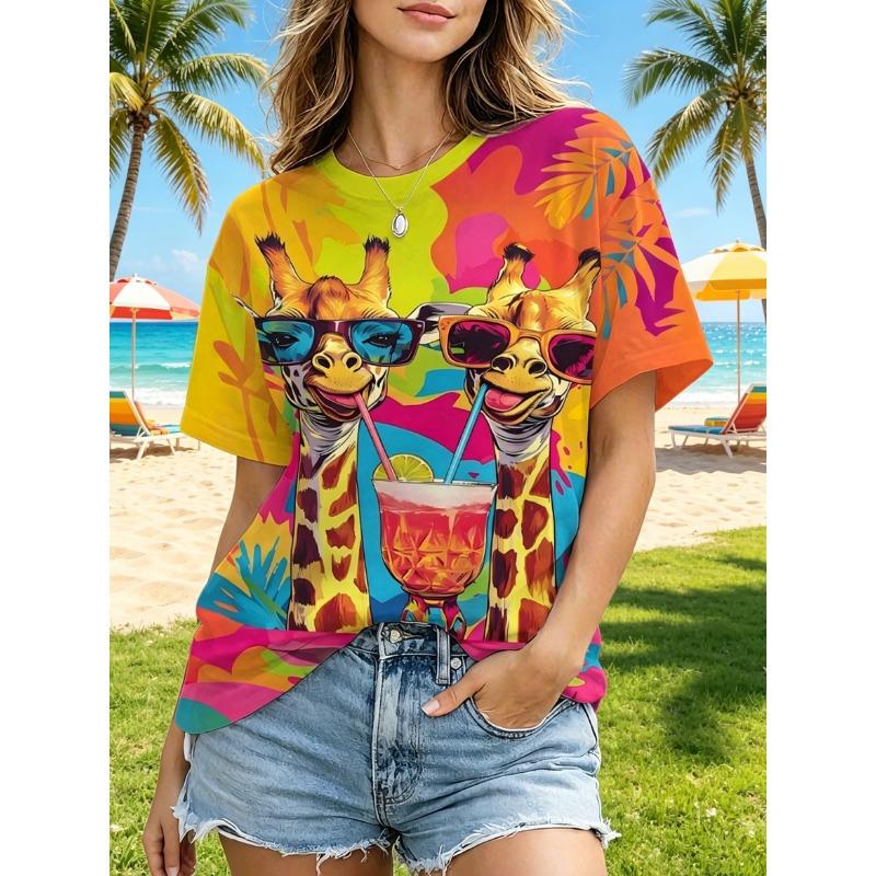 New Summer Women's Top, Rainbow Island Style Printed Short-Sleeve T-Shirt, Tropical Party Giraffe Themed T-Shirt, Color Block Design