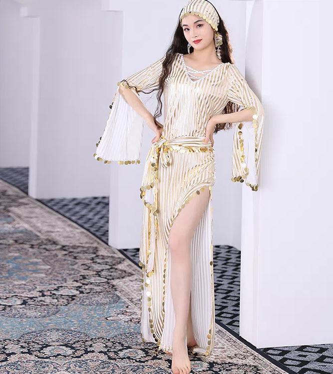 Belly Dance Hot Gold Sequin Robe, Folk Rattan Cane Dance Performance Set, Women's Oriental Dance Ethnic Dance Costume