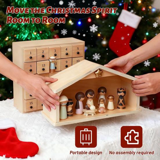 Das Retter Krippen Adventsset Krippen Adventskalender mit 25 Schubladen Weihnachts-Tischdekoration Religiöse Familientradition Andenken für Christen