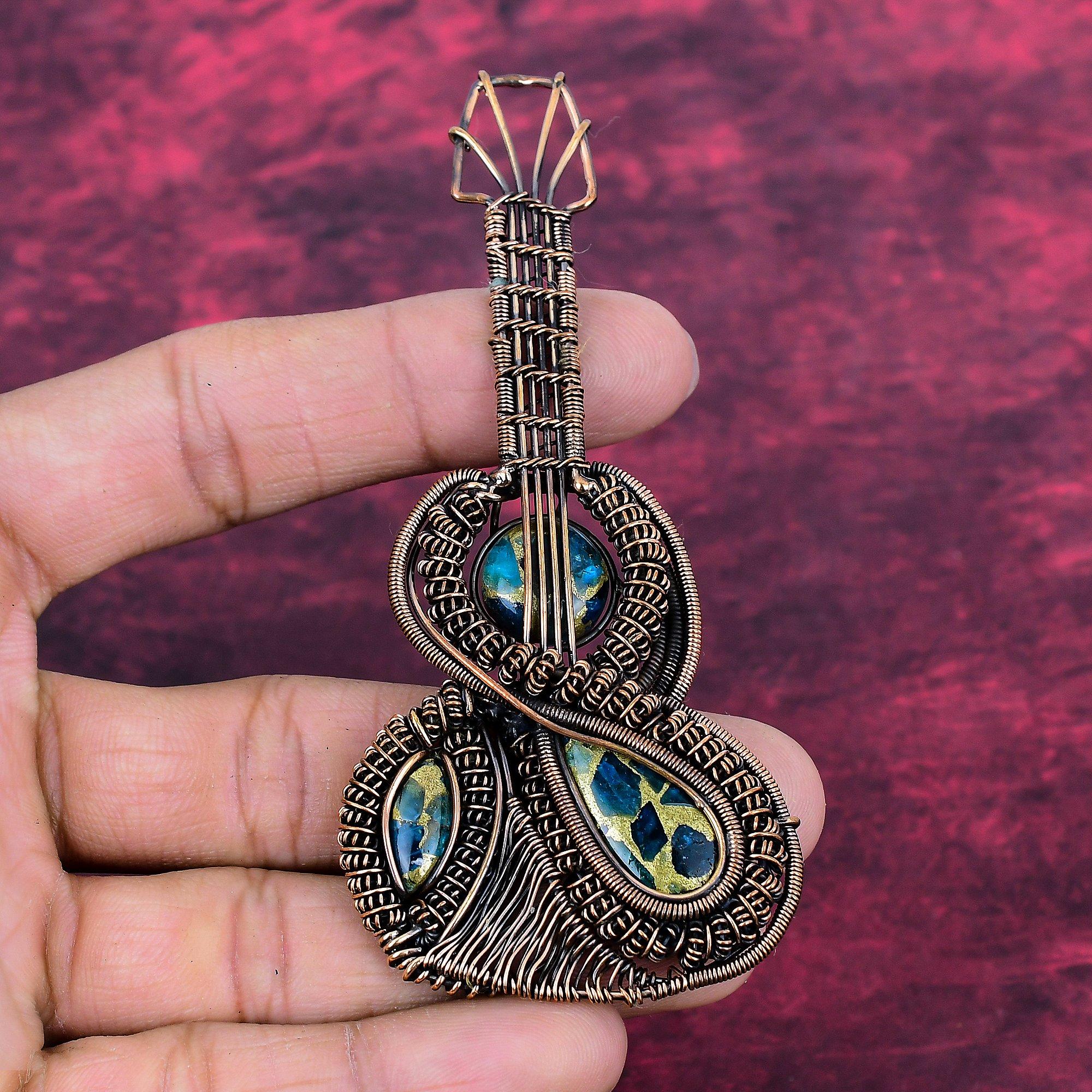 Copper Neon Apatite Pendant Guitar Gemstone Jewelry Copper Wire Wrapped Pendant
