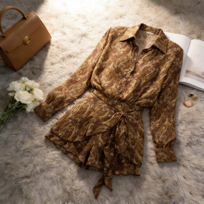 Early autumn popular wear design sense niche versatile shirt dress women s new temperament V-neck long-sleeved skirt S