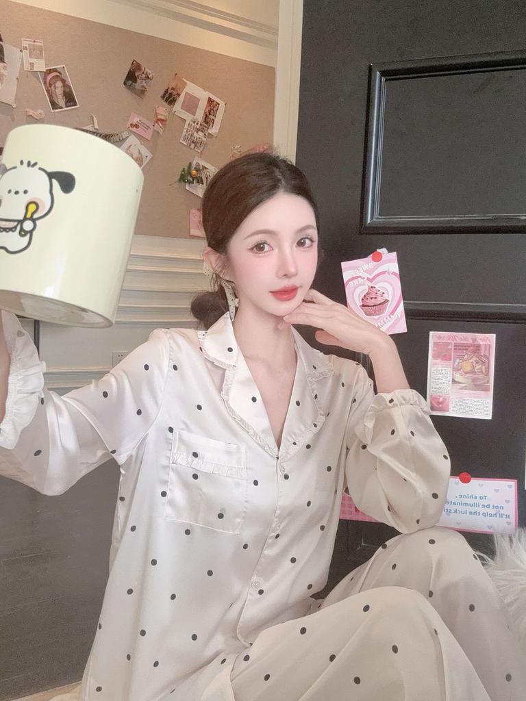 1011 spring new ice silk pajamas women's long-sleeved trousers fairy polka dot printed cardigan loungewear sweet