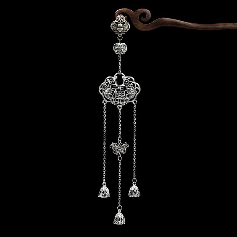 

Подвеска-пуговица ципао среднего давления, замок долголетия, подвеска с бахромой, женские аксессуары для ханьфу, изысканные ретро-украшения из тибетского серебра