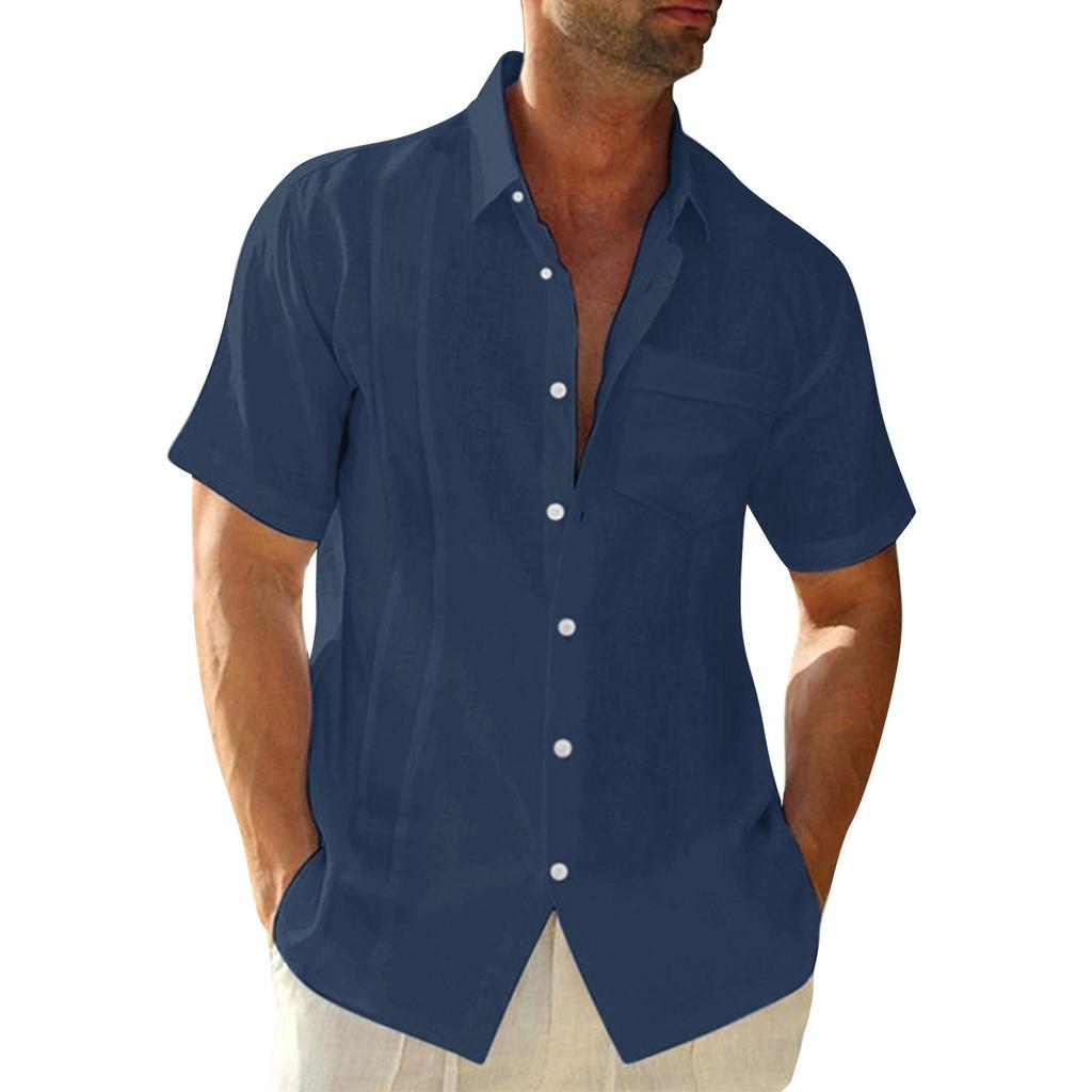 Summer Men's Collar Pocket Short Sleeved Cardigan Solid Color Shirt Top