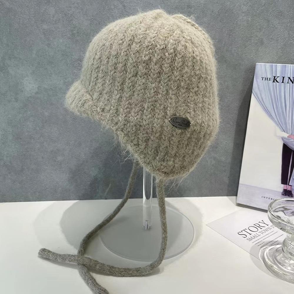 Rabbit Fur Earflap Hat Solid Color Beanie Hat Casual Knit Cap  Winter