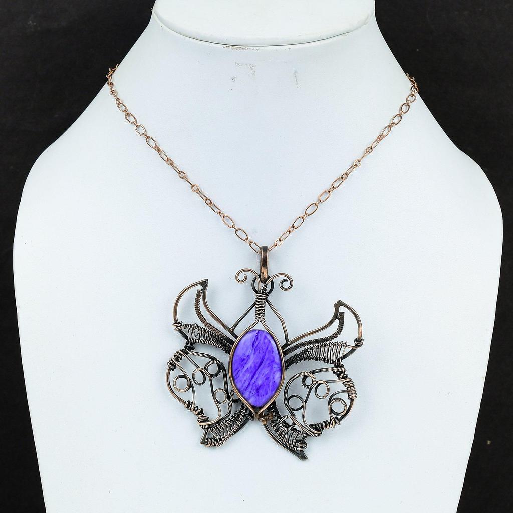 Charoite Pendant Copper Wire Wrapped Pendant Natural Gemstone Jewelry Handmade Butterfly Pendant Beautiful Copper Wire Jewelry Gifts For Mom