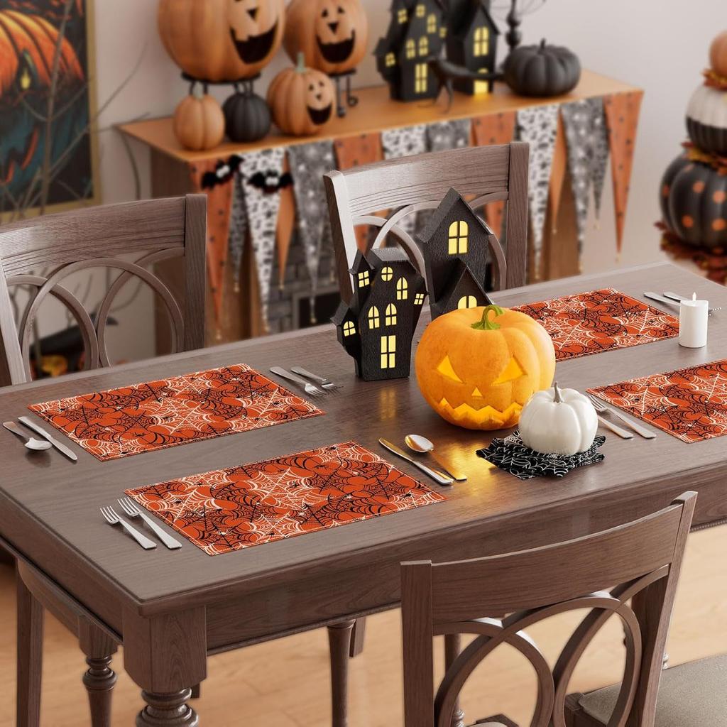 Set of 4/6 Halloween-Themed Placemats Featuring Spooky Orange And Black Spider Web Designs, Perfect for Decorating Your Dining Table at Home Or for Pa