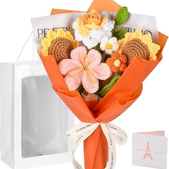 Handmade Knitted Yarn Bouquet: Crocheted Roses, Lilies, Tulips, and Gesang Flowers for Valentine's Day
