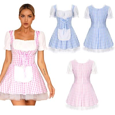Women's Anime Cosplay Outfit Adult Maid Apron Fairytale Gingham Dress Halloween Fancy Dress Costume