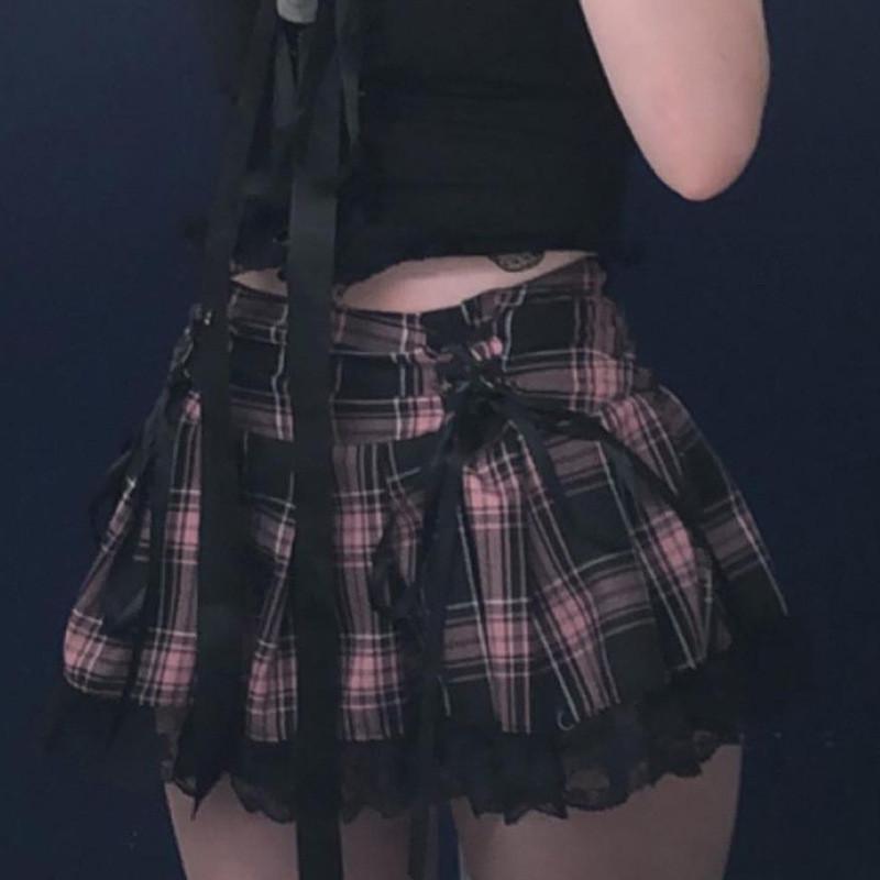 Polyester Plaid Cross Strap Lace Short Skirt With Pleats For Casual Women
