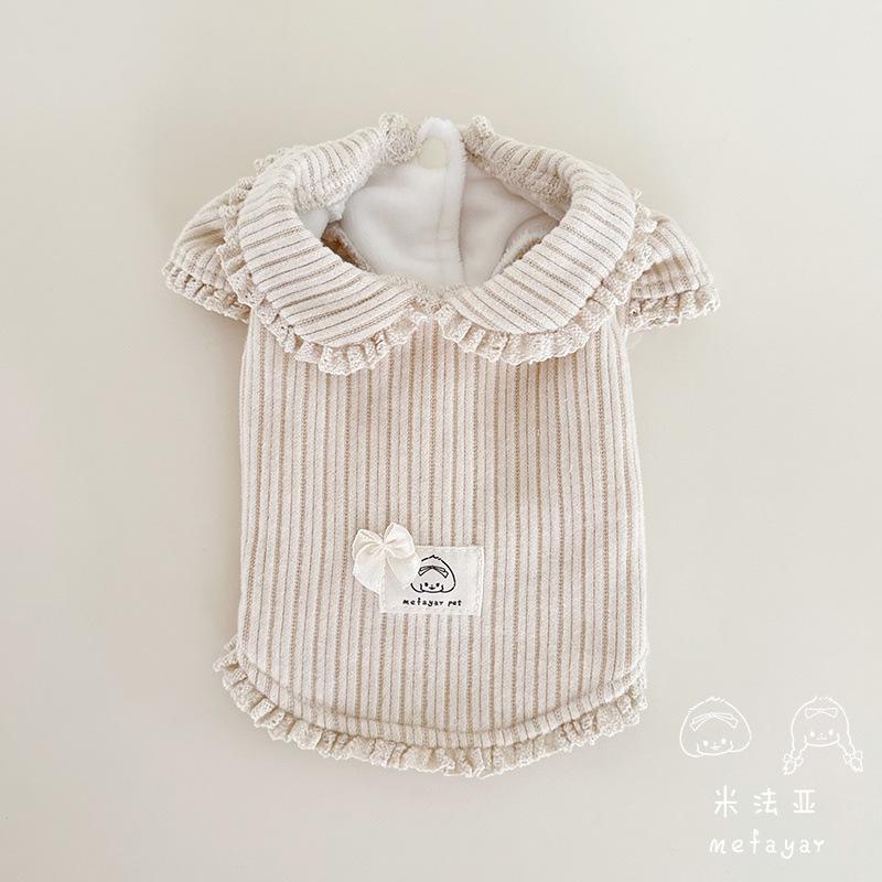 Autumn Winter Striped Lace Doll Collar Base Shirt Cute Corduroy Drawstring Vest Plush Bubble Sleeves Shoulder Strap Skirt Set