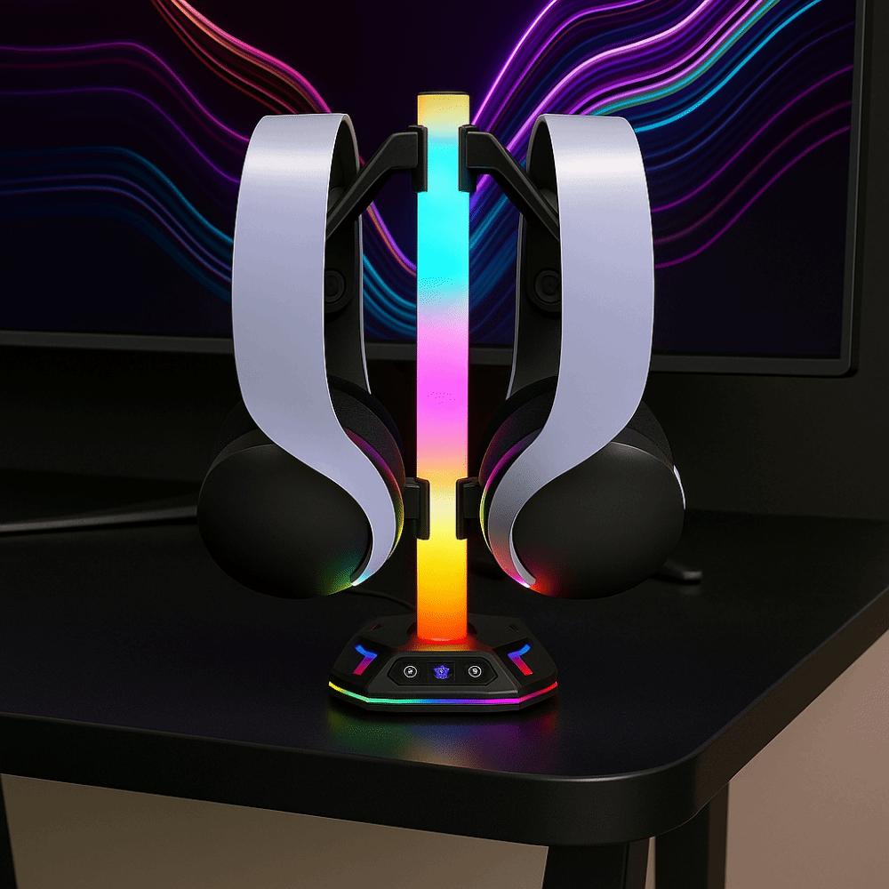 Black RGB Earphone Hanger Dual USB Ports Headphone Bracket Universal Desktop Display Holder  Desk