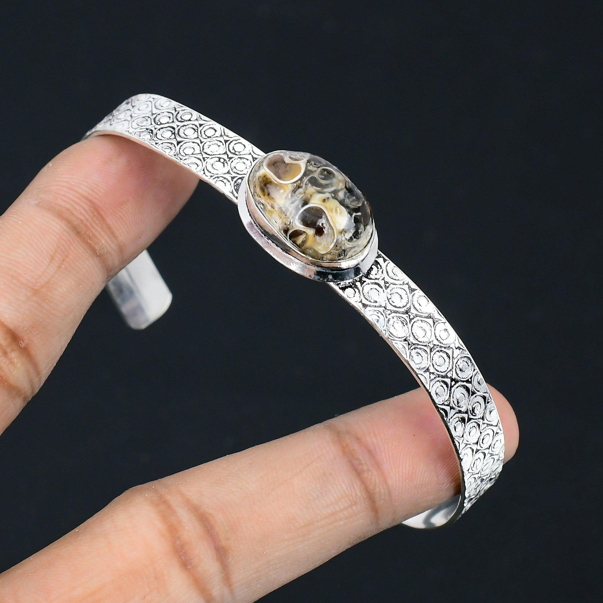 

Sterling Silver Oval Turritella Agate Gemstone Elegant Engagement Wedding Bangle Adjustable