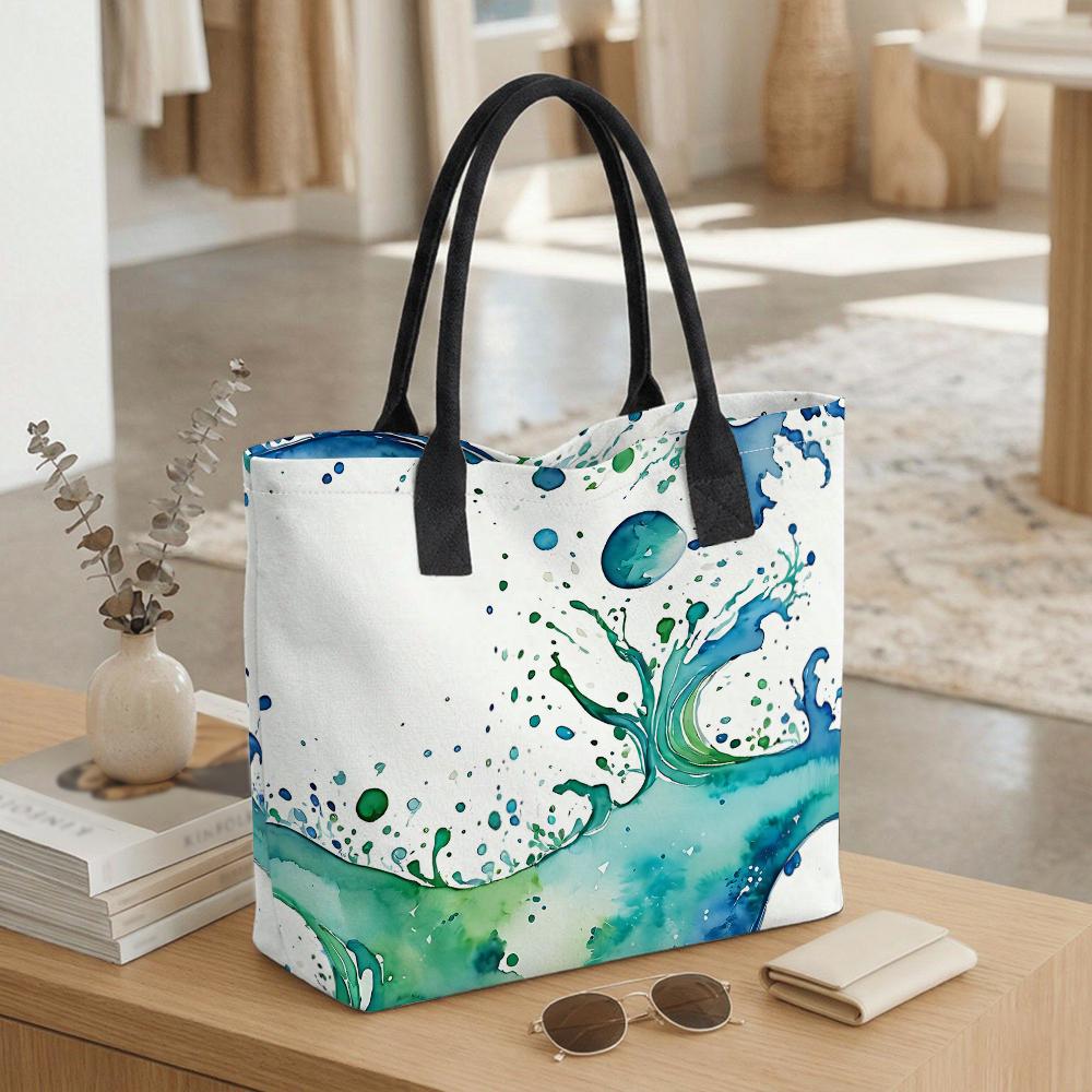 Watercolor Wave Tote Bag Casual Large Capacity Shoulder Handbag for Daily Use