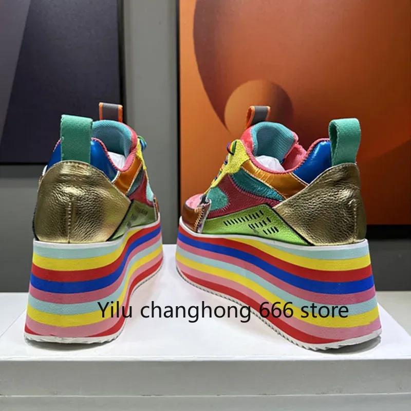 Spring Autumn New Women Colourful Sneakers High Platform Shoes Heels Chunky Casual Dad Shoe Genuine Leather Thick Bottom Fashion