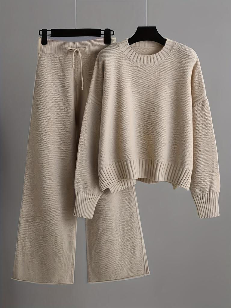 Women's Solid Color Knit Pant Set: Long Sleeve Crew Neck Sweater & Wide Leg Pants