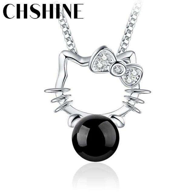 

Стерлингового серебра 925 пробы, новые женские модные украшения, ожерелье с подвеской в ​​виде животных, кошек, жемчуга, красного, черного оникса, длина 45 см