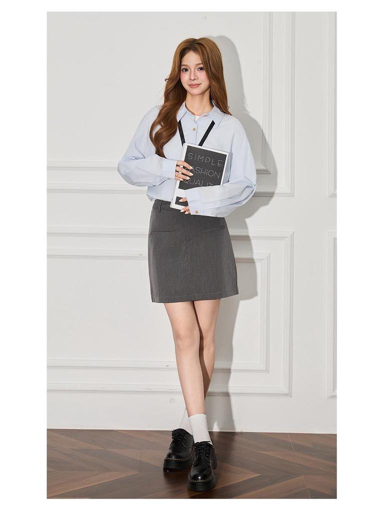 Women's Light Blue Korean Style Polo Collar Shirt Jacket - Spring Design, Loose Fit, Casual Long Sleeve Top