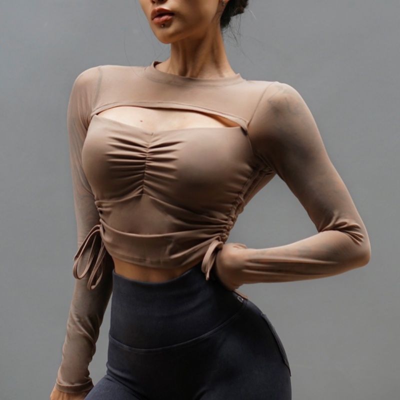 

European and American Sexy Long Sleeve Women s Mesh See-through Ruched Yoga Cocoa color(Quality Edition) S