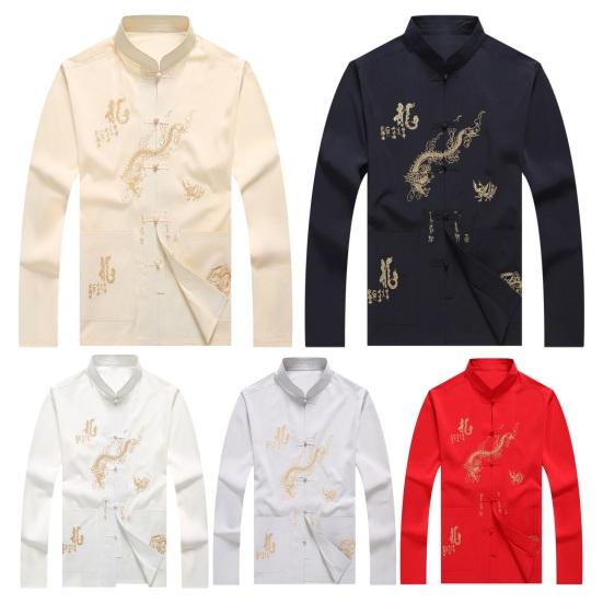 Herrenhemd mittleren Alters im chinesischen Stil mit Drachenmuster, Stehkragen, lange Ärmel, Taschen, einreihiges Tang-Anzugoberteil