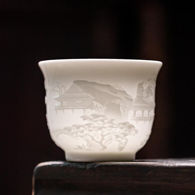Handmade Tengwangge Pavilion Relief White Porcelain Tea Cup Chinese Gongfu Tea Set Personal Tea Cup Ceramic Gift for Tea Lovers
