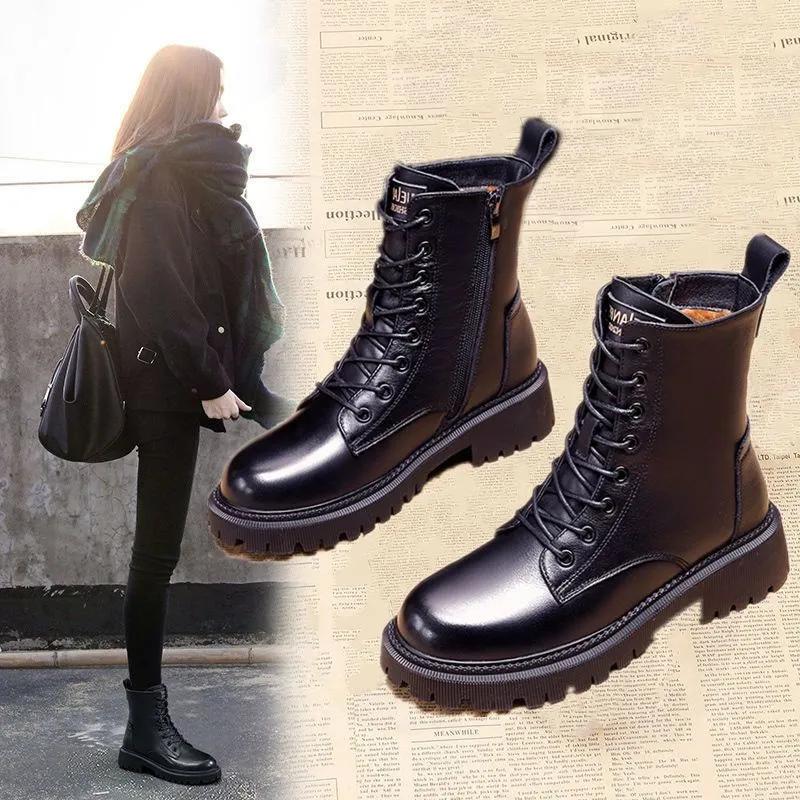 Wodoodporne zimowe buty śniegowe damskie oraz aksamitne grube bawełniane buty damskie czarne skórzane ciepłe platformy damskie botki