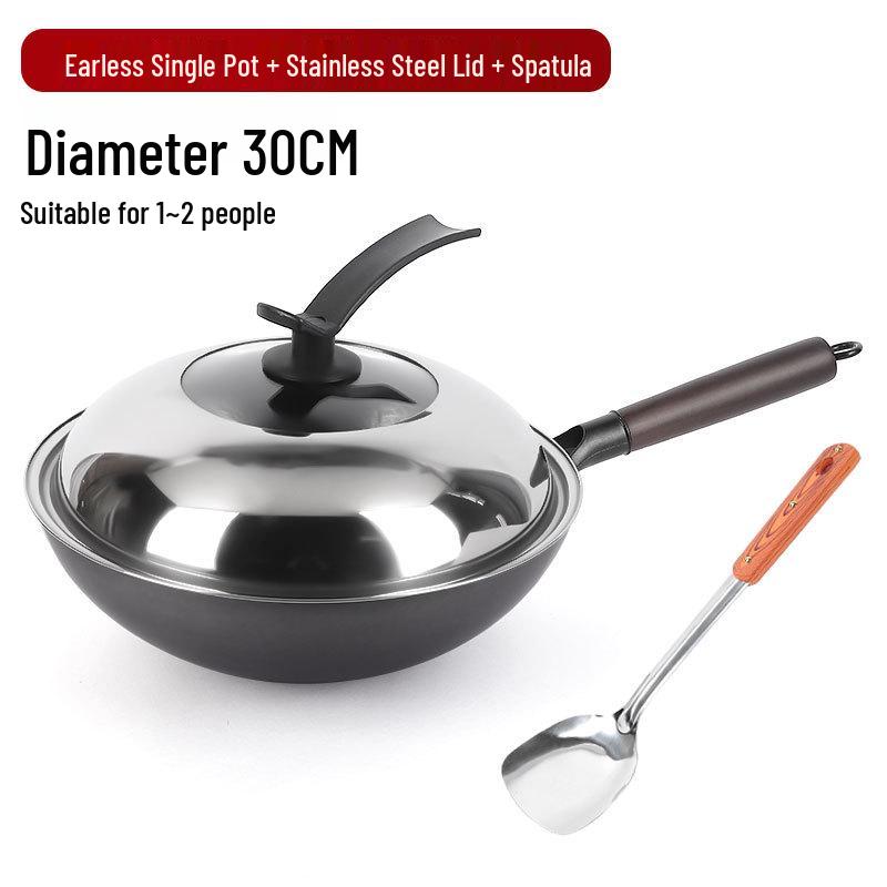 Uncoated Hand-Hammered Forged Iron Wok with Non-Stick Surface and Stir-Fry Spatula for Open Flame Household Cooking